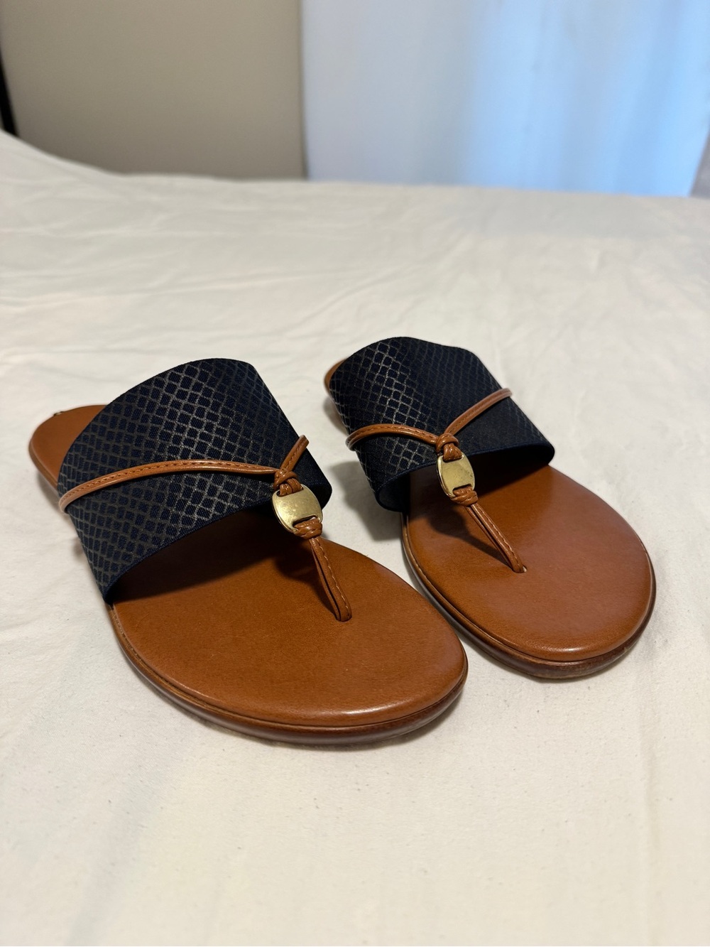 Italian Shoemakers Black and Brown Leather Slide Sandals with Gold Accent